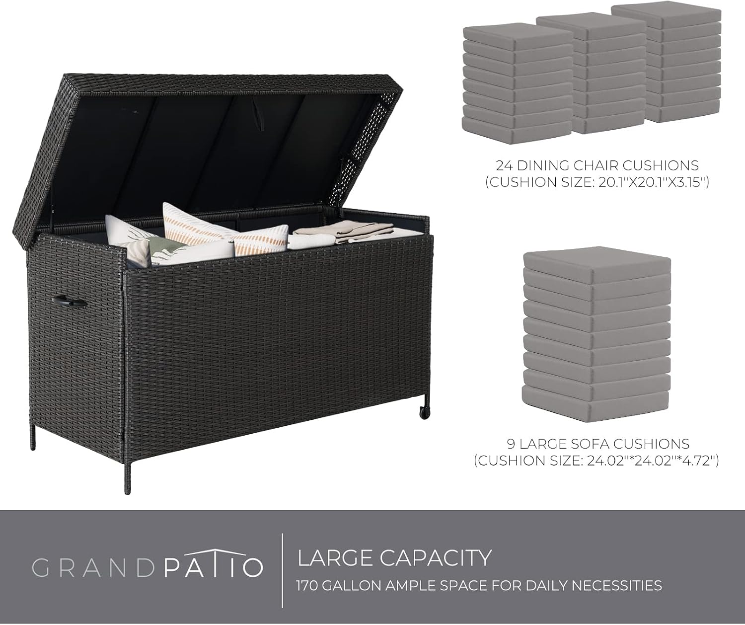 Grand patio 170 Gallon Deck Storage Box Deck Box Outdoor Storage Box Indoor Wicker Storage Bin Patio Storage Box for Patio Furniture Cushions Garden Tools Pool Accessories, Dark Brown