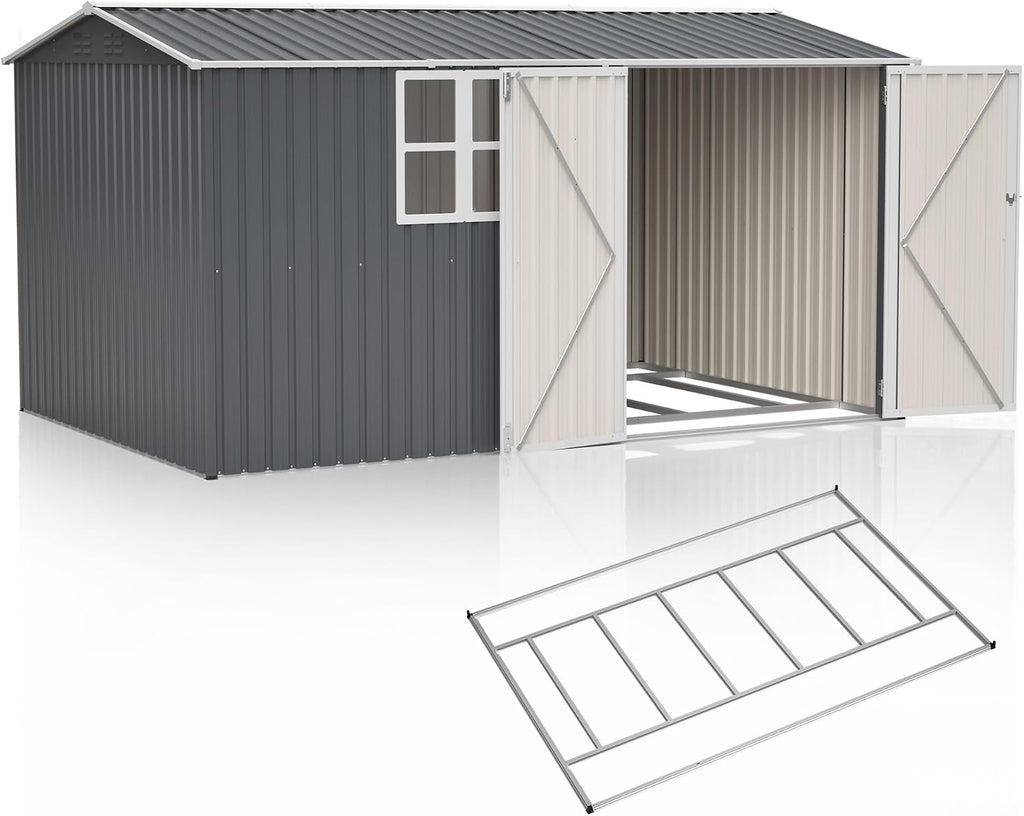 12' x 8' Outdoor Storage Shed with Floor, Waterproof Metal Garden Shed with Windows, Lockable Doors, and Sloped Roof for Patio, Backyard, Lawn, Tool Storage