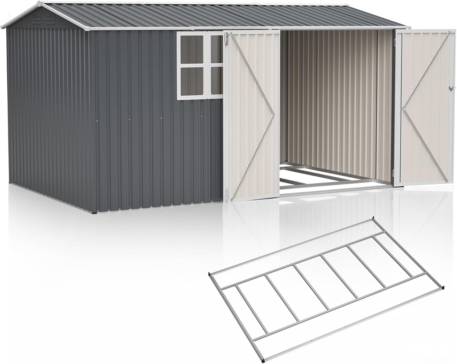12' x 8' Outdoor Storage Shed with Floor, Waterproof Metal Garden Shed with Windows, Lockable Doors, and Sloped Roof for Patio, Backyard, Lawn, Tool Storage