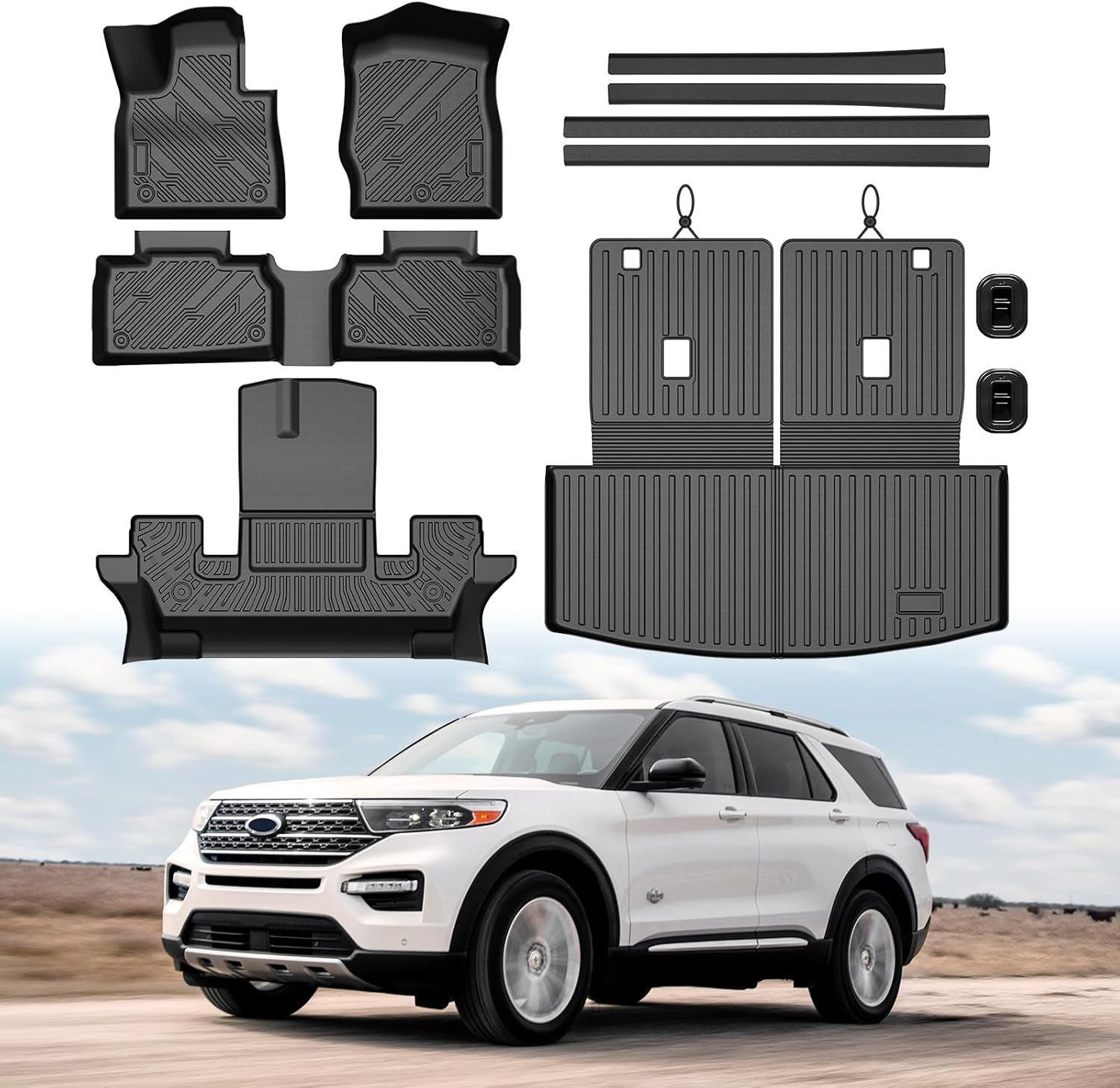 Mixsuper Floor Mat & Cargo Liner for Ford Explorer 2020-2026 Captain Chairs (Only Fit 6 Seats),All Weather TPE Floor mat with Backrest and Door Sill Guards Explorer Accessories,Anti-Slip Black
