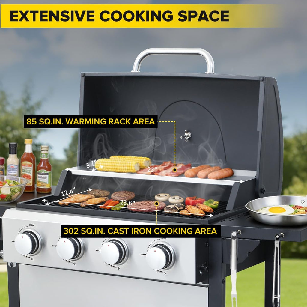 CIG GARDEN 4-Burner Propane Gas Grill, 42,000 BTU Stainless Steel BBQ with Foldable Side Tables, Outdoor Grill for Patio, Garden, Backyard & Camping