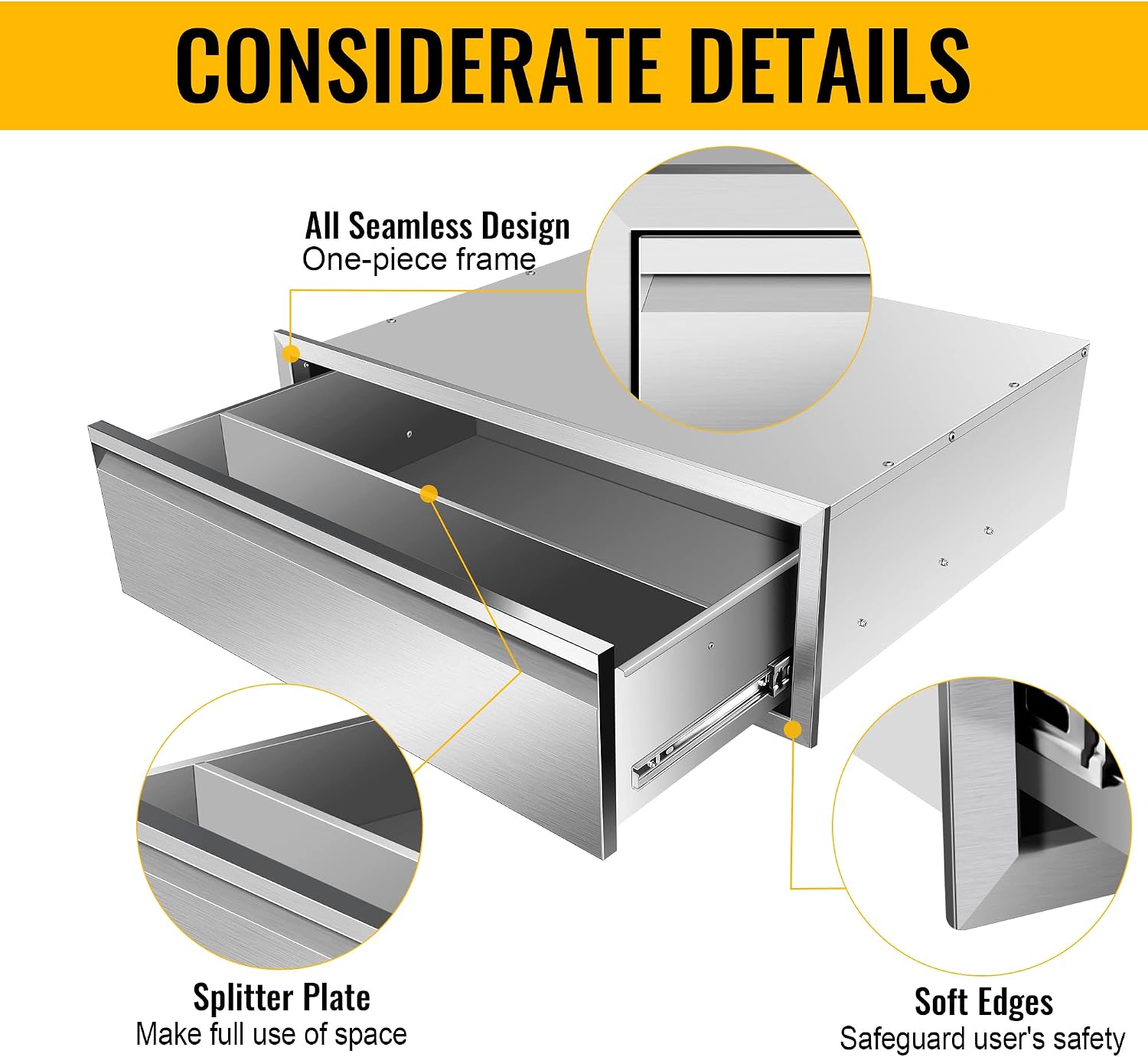 Outdoor Kitchen Drawers, 30W x 10H x 23D Stainless Steel Flush Mount BBQ Single Drawer for Outdoor Kitchen Island, or Patio Grill Station