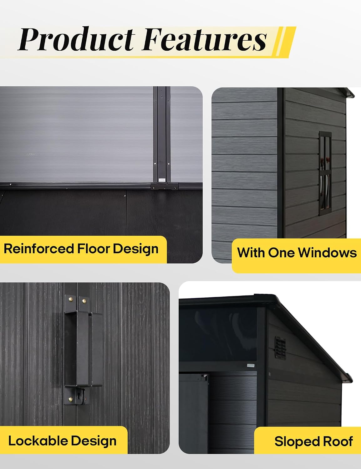 10x7ft Lean to Shed with Floor, Resin Storage Shed with Window and Lockable Door, Plastic Garden Shed for Backyard Patio and Outdoor Tool Storage (Black+Grey)