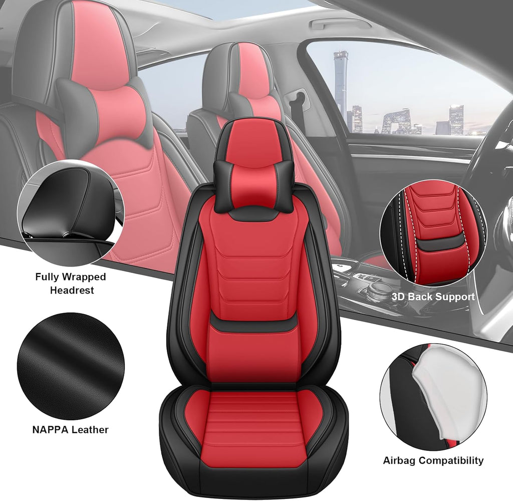 DHAEY Car Seat Covers for Kia NIRO 2017-2025, Family Seat Covers, Nappa Leather, Wear-Resistant, Anti-Slip, Waterproof, 2PCS Front with Pillows, Black Red