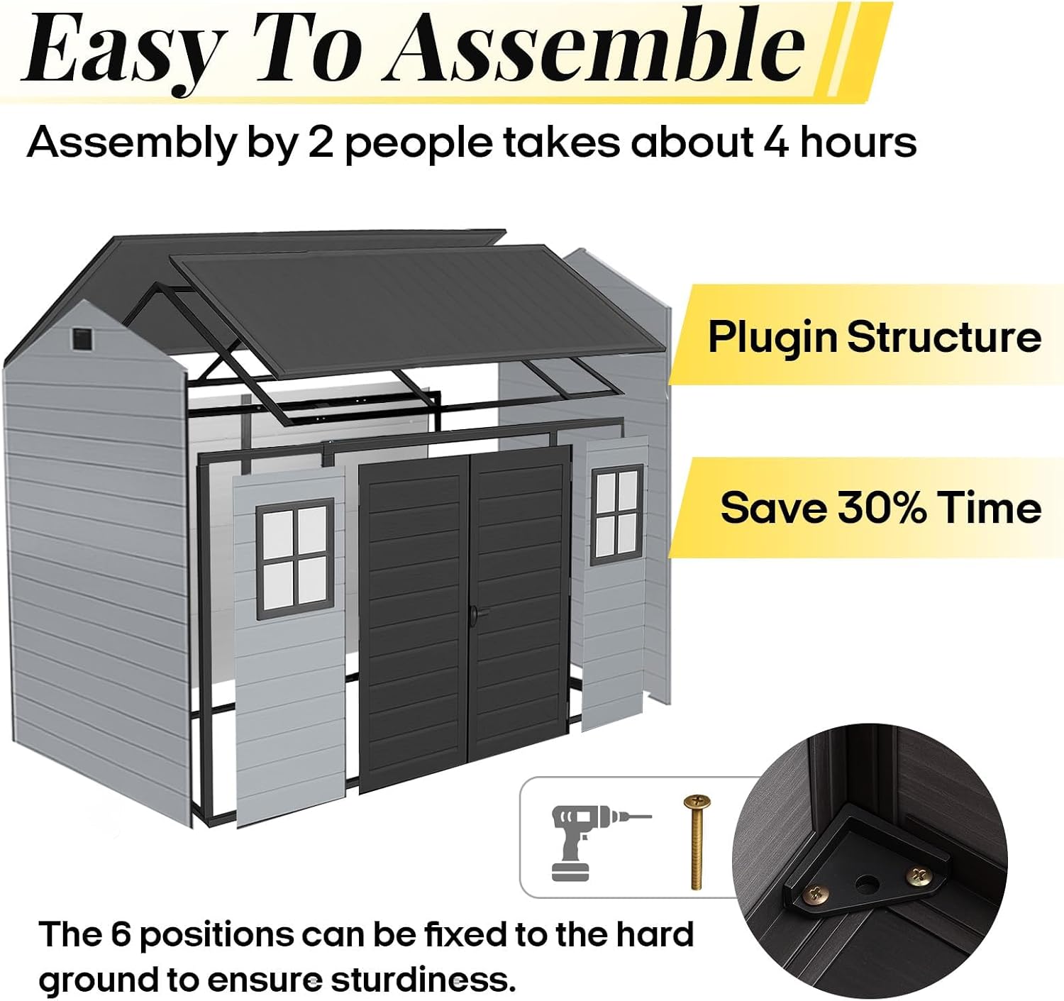 8x6 FT Resin Storage Shed with Floor, Outdoor Lockable Garden Shed with Windows & Vents, Large Backyard Storage for Tools Bikes (Black Grey)