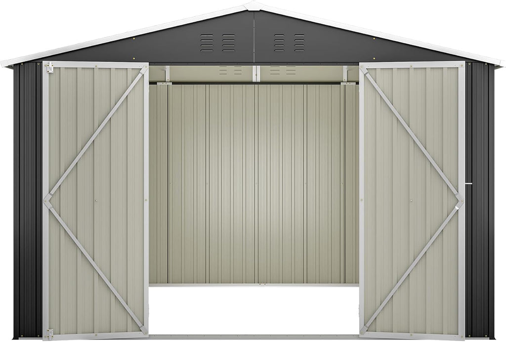 YOPTO 10x10 FT Outdoor Storage Shed,Large Metal Tool Sheds with Updated Frame Structure and Lockable Doors, Garden Shed for Backyard Patio Lawn, Black
