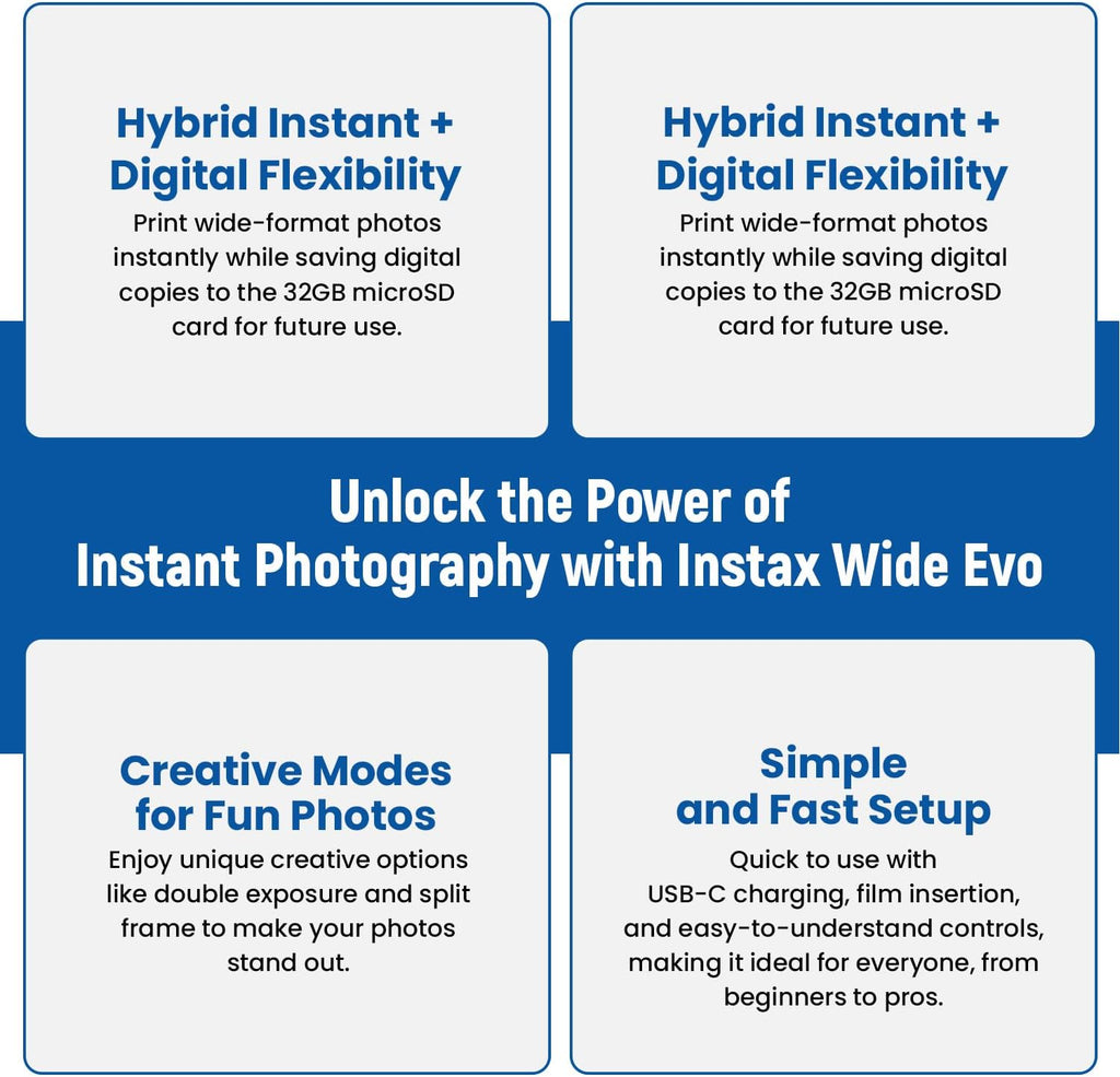 Fujifilm Instax Wide Evo Hybrid Instant Film Camera Bundle + Fujifilm Wide Film (20 Sheets), 32GB SanDisk microSD Card, Card Reader, Album & Frames, USB-C Cable, Wall Plug & BluebirdSales Cloth