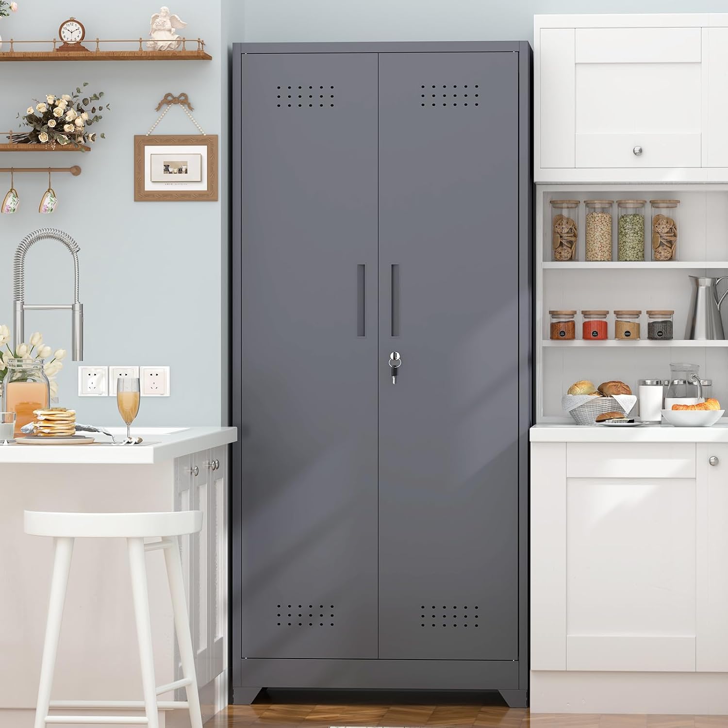 IRONFFICE Tall Storage Cabinet with Doors,Metal Garage Cabinet and Storage,Lockable Utility Closet Cabinets with Pegboard for Basement,Laundry Room,Grey