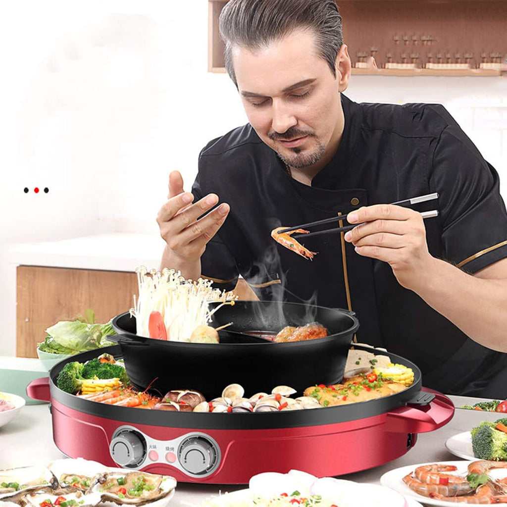 Electric Grill Indoor Hot Pot Multifunctional Non-Stick Korean BBQ Smokeless,Korean Hot Pot W/Divider Shabu Shabu Pot (Singlepot)