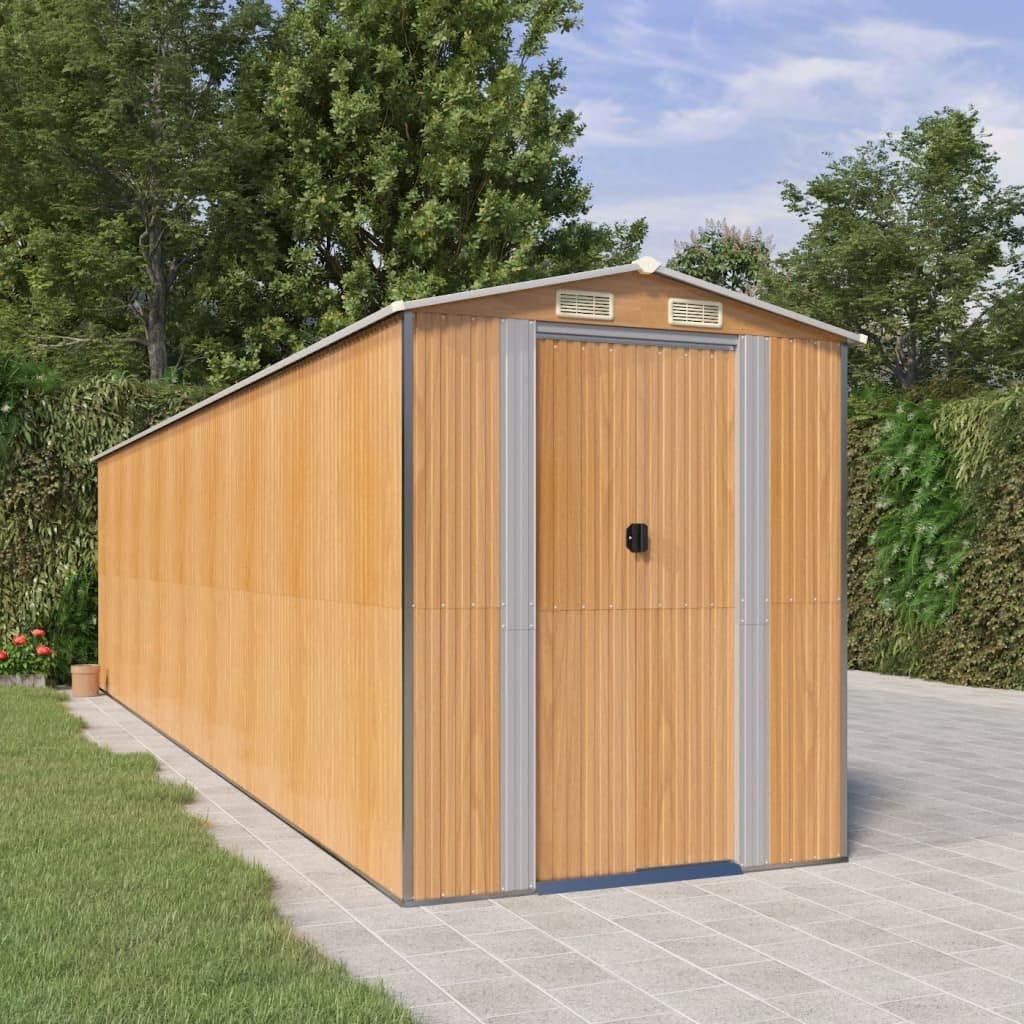 vidaXL Spacious Galvanized Steel Garden Shed, Light Brown - Durable Outdoor Equipment Storage Solution with Excellent Ventilation and Easy Entry Double Sliding Doors - 75.6'x303.9'x87.8'