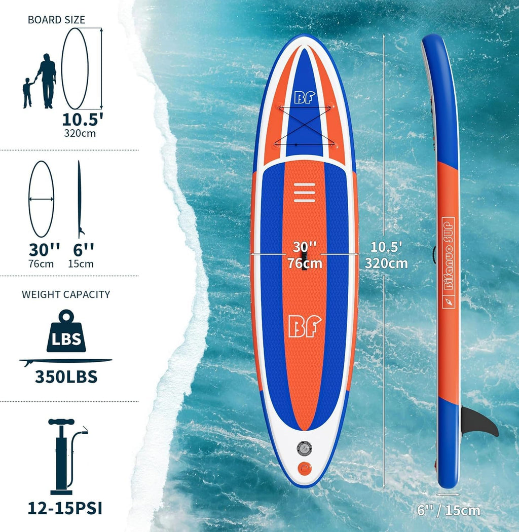 Bifanuo Inflatable Stand Up Paddle Board with SUP Accessories & Backpack. Paddle Boards for Adults. Non-Slip Deck, Wide Stance, Bottom Fin, Double Action Pump.