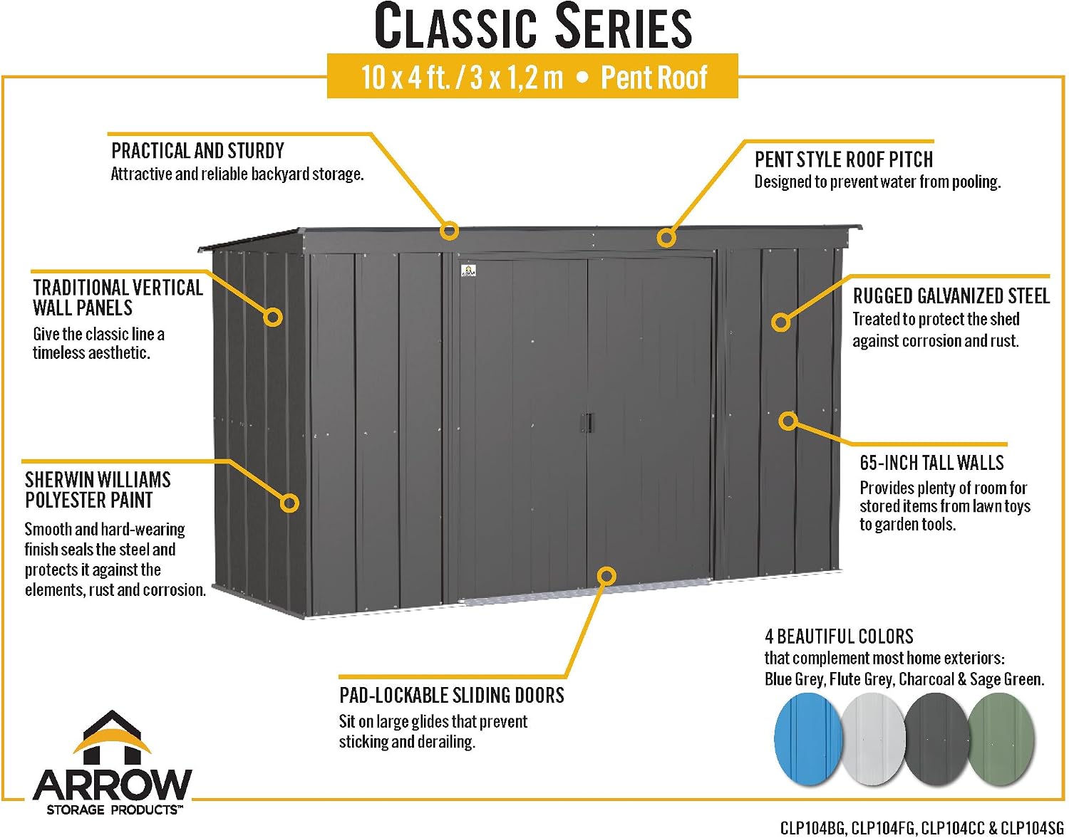 Arrow Classic 10' x 4' Outdoor Padlockable Steel Storage Shed Building, Flute Grey