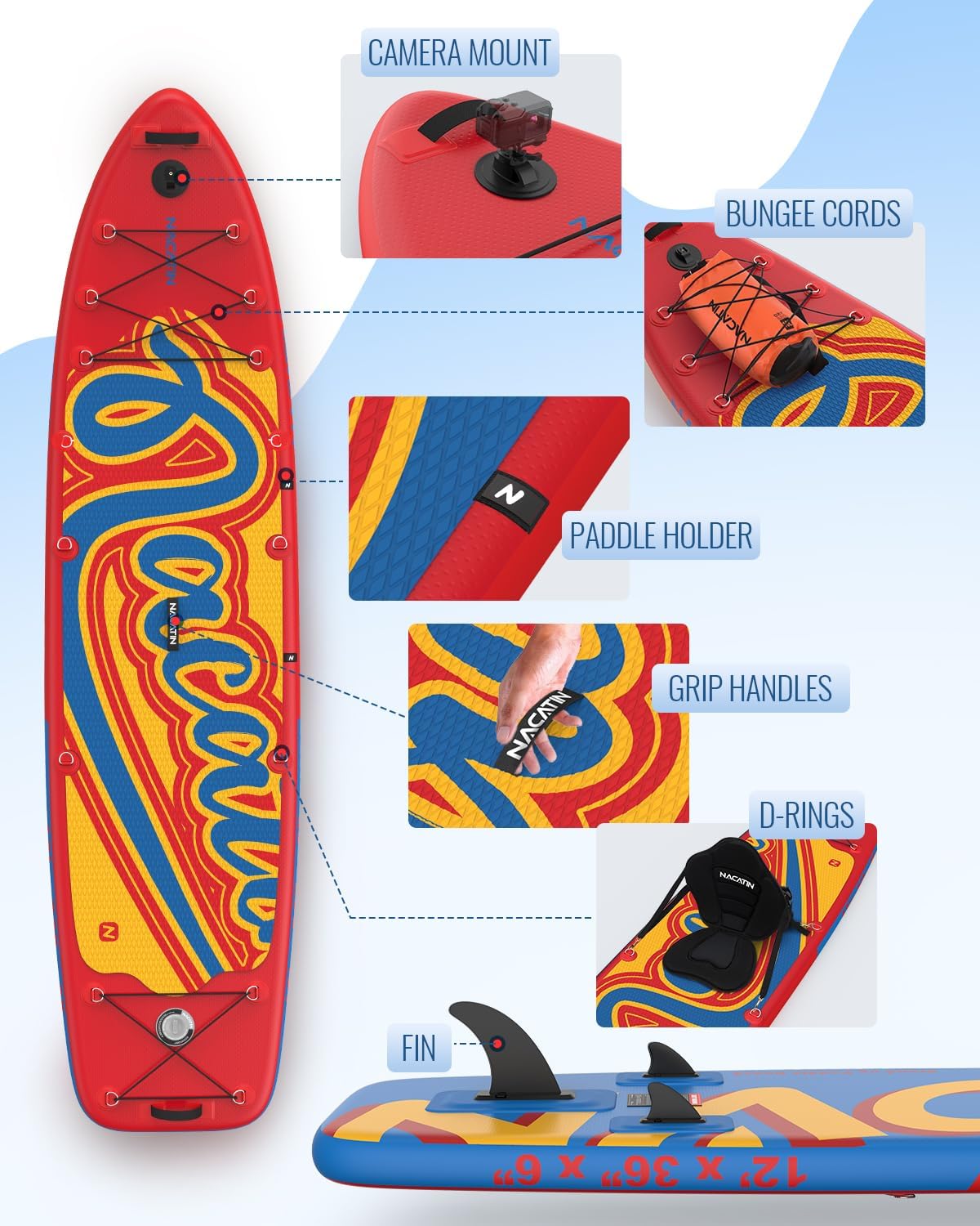 NACATIN 12'/366cm Extra Large Inflatable Stand Up Paddle Board with Seat, Wide 36'/91cm SUP Board for Adults & Family, with Single/Double Paddle, Kayak Seat, Pump, Stable Wide Deck for Beginners