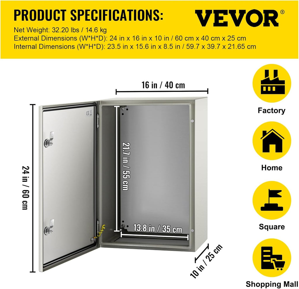 VEVOR NEMA Steel Enclosure, 24 x 16 x 10'' NEMA 4X Steel Electrical Box, IP66 Waterproof & Dustproof, Outdoor/Indoor Electrical Junction Box, with Mounting Plate