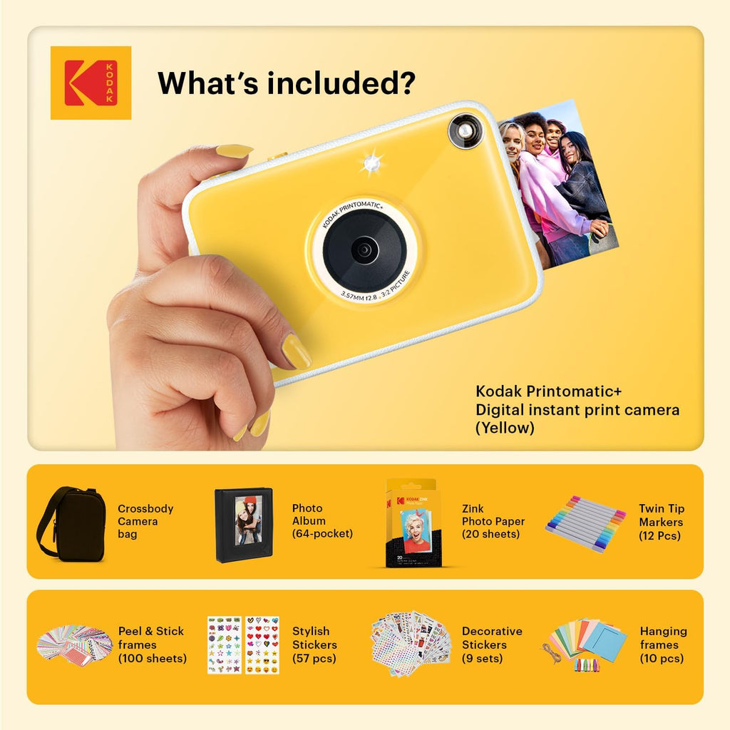 Kodak Printomatic+ Full Color Instant Print Digital Camera Gift Bundle + Case + Zink 2x3 Sticky Back Photo Paper 20pk + Album + Sticker Sets + Sticker Frames + Hanging Frames + Markers - Yewllow