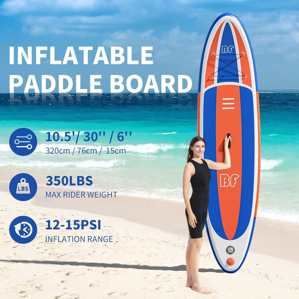 Bifanuo Inflatable Stand Up Paddle Board with SUP Accessories & Backpack. Paddle Boards for Adults. Non-Slip Deck, Wide Stance, Bottom Fin, Double Action Pump.