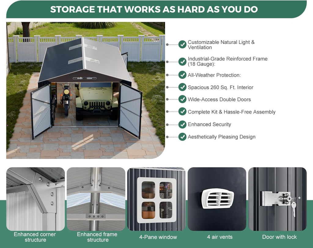 WACASA 13x20x8.3 FT Large Metal Garage Shed, Ultra-Reinforced Truss System, 18-Gauge Powder-Coated Frame, 100 PSF Snow & 150 MPH Wind Rated, Skylight Dual-Entry Outdoor Storage Building and Carport