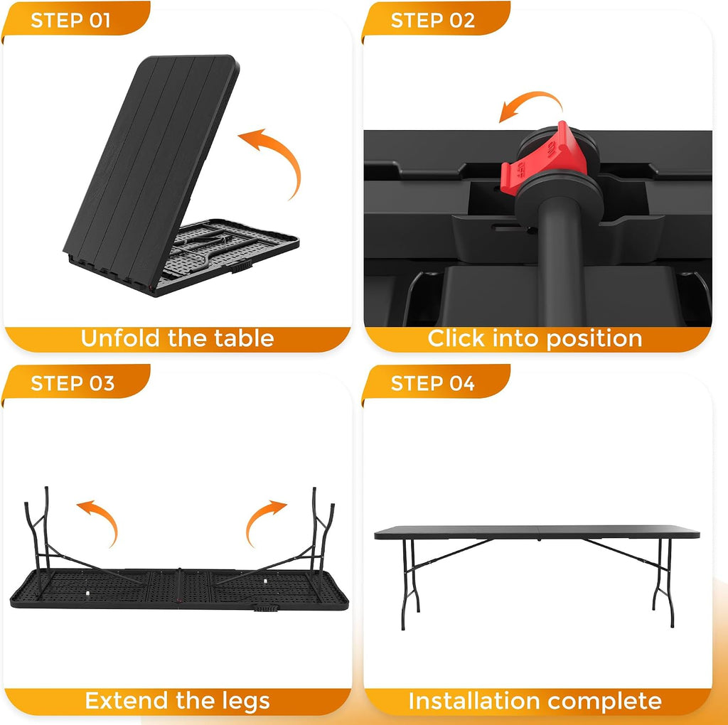 8 Ft Plastic Folding Table,Heavy Duty Portable Table for Indoor & Outdoor,Wood Grain Desktop & 400lbs Weight Capacity,Premium Solutions for Camping,Picnic,BBQ and Party