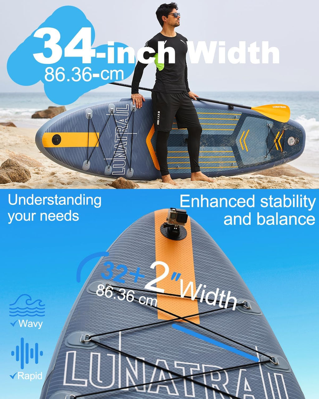 【11'×34'】 Extra Long/Extra Wide Premium Inflatable Stand Up Paddle Board (SUP) – Portable & Lightweight for Yoga, Surfing, Family Fun | Complete Kit with Paddle, Pump, Bag | Durable Design