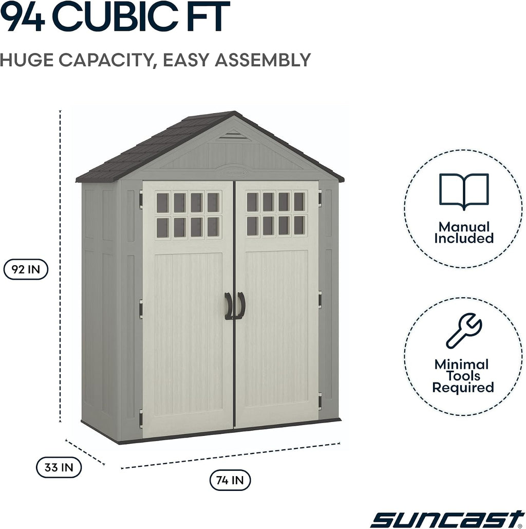 Suncast Everett 6x3 ft Vertical Storage Shed - Resin Outdoor Garden Shed with Floor, Windows, Skylight & Lockable Double Doors. Slim Yard Storage for Utility Tools & Backyard Equipment