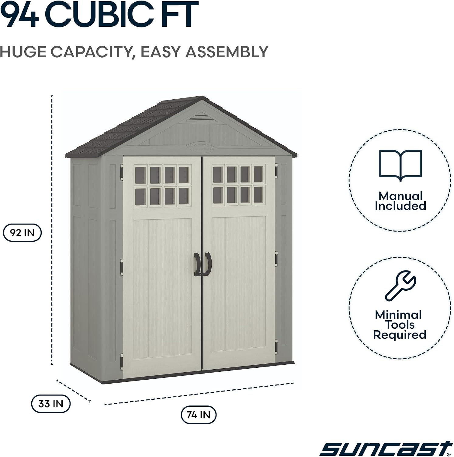 Suncast Everett 6x3 ft Vertical Storage Shed - Resin Outdoor Garden Shed with Floor, Windows, Skylight & Lockable Double Doors. Slim Yard Storage for Utility Tools & Backyard Equipment