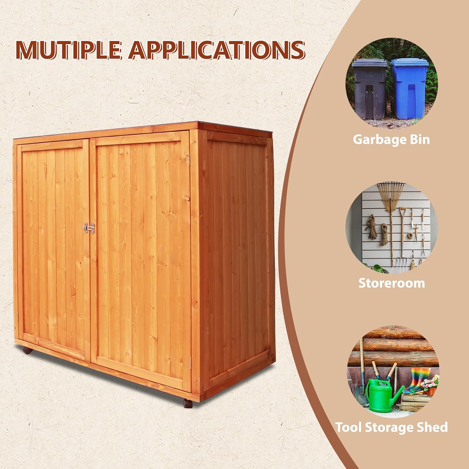 30 cu ft Outdoor Storage Shed, Wooden Trash Can Cabinet with Removable Wheels & Lockable Door for Patio, Garden, Garage