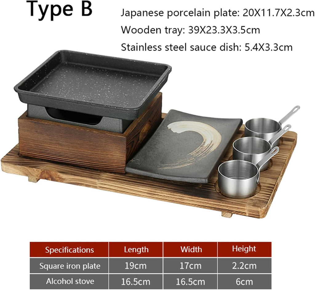Japanese BBQ Grill Set, Portable Alcohol Barbecue Stove with Non-Stick Baking Pan, Dinner Plate, Seasoning Cups, and Wooden Base for Yakiniku, Yakitori,B