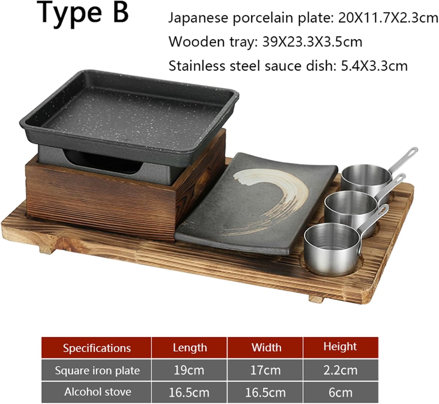 Japanese BBQ Grill Set, Portable Alcohol Barbecue Stove with Non-Stick Baking Pan, Dinner Plate, Seasoning Cups, and Wooden Base for Yakiniku, Yakitori,B