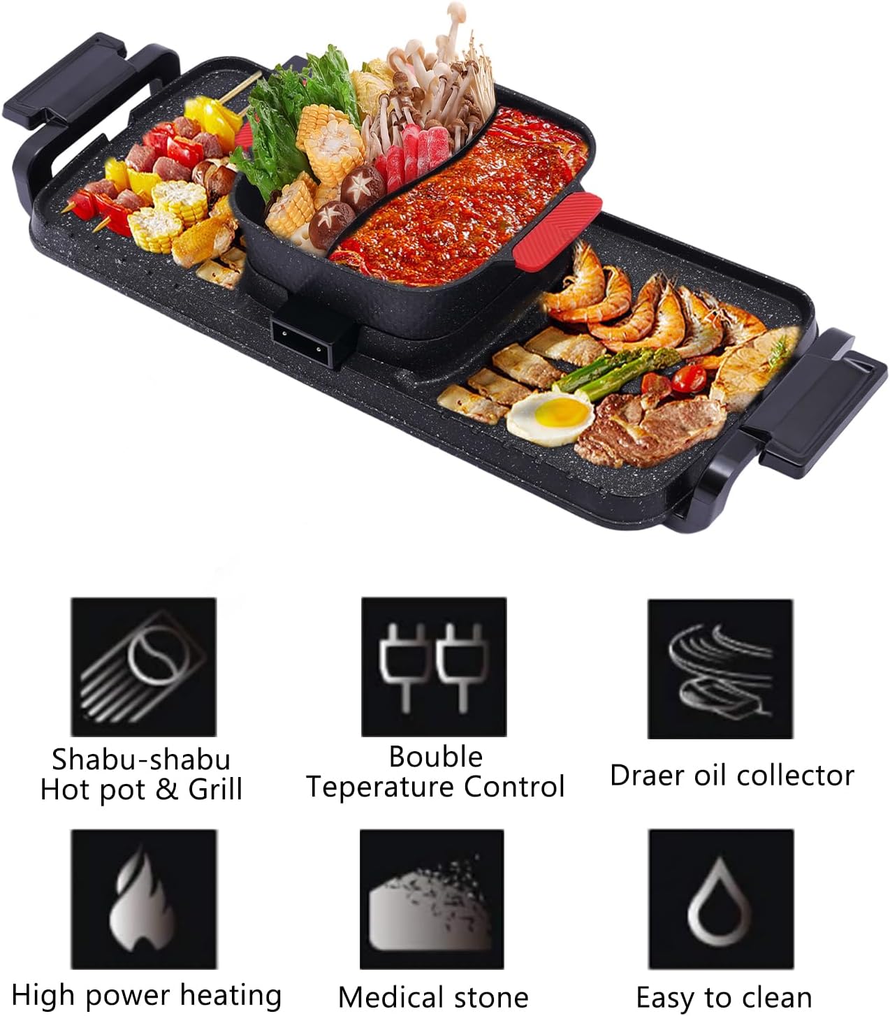 2-in-1 Barbecue Hot Pot, Indoor Korean BBQ & Grill, Non-Stick Electric Shabu Pot with Dual Temperature Control, Smoke-Free Portable Stove for 2-10 People, 110V