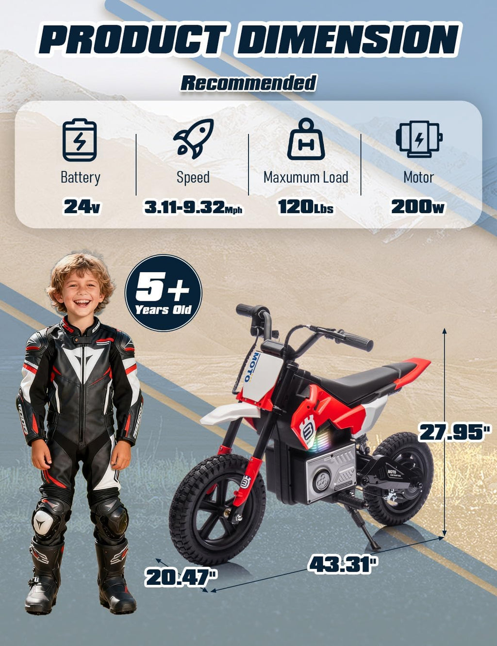 Electric Motorcycle for Kids Ages 5-10, 24V 200W Higher Speed Electric Dirt Bike, Kids Ride On Motorcycle with Rear Wheel Shock Absorber, LED Breath Light, Bluetooth, Music, Horn, Red
