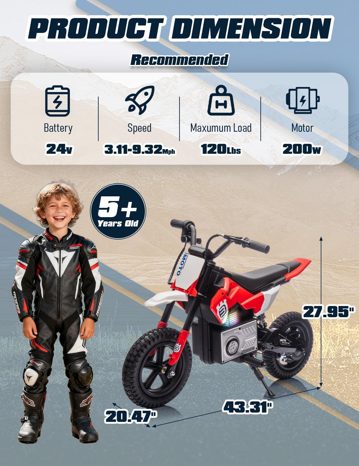 Electric Motorcycle for Kids Ages 5-10, 24V 200W Higher Speed Electric Dirt Bike, Kids Ride On Motorcycle with Rear Wheel Shock Absorber, LED Breath Light, Bluetooth, Music, Horn, Red