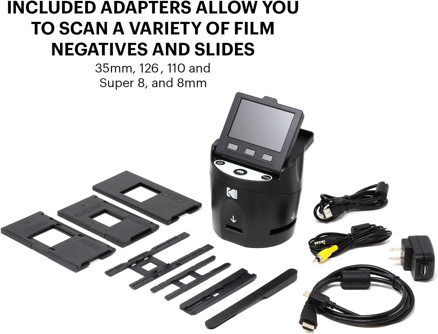 Kodak SCANZA Digital Film & Slide Scanner – Converts 35mm, 126, 110, Super 8 & 8mm Film to JPEG with 3.5' LCD, Easy-Load Inserts & Adapters