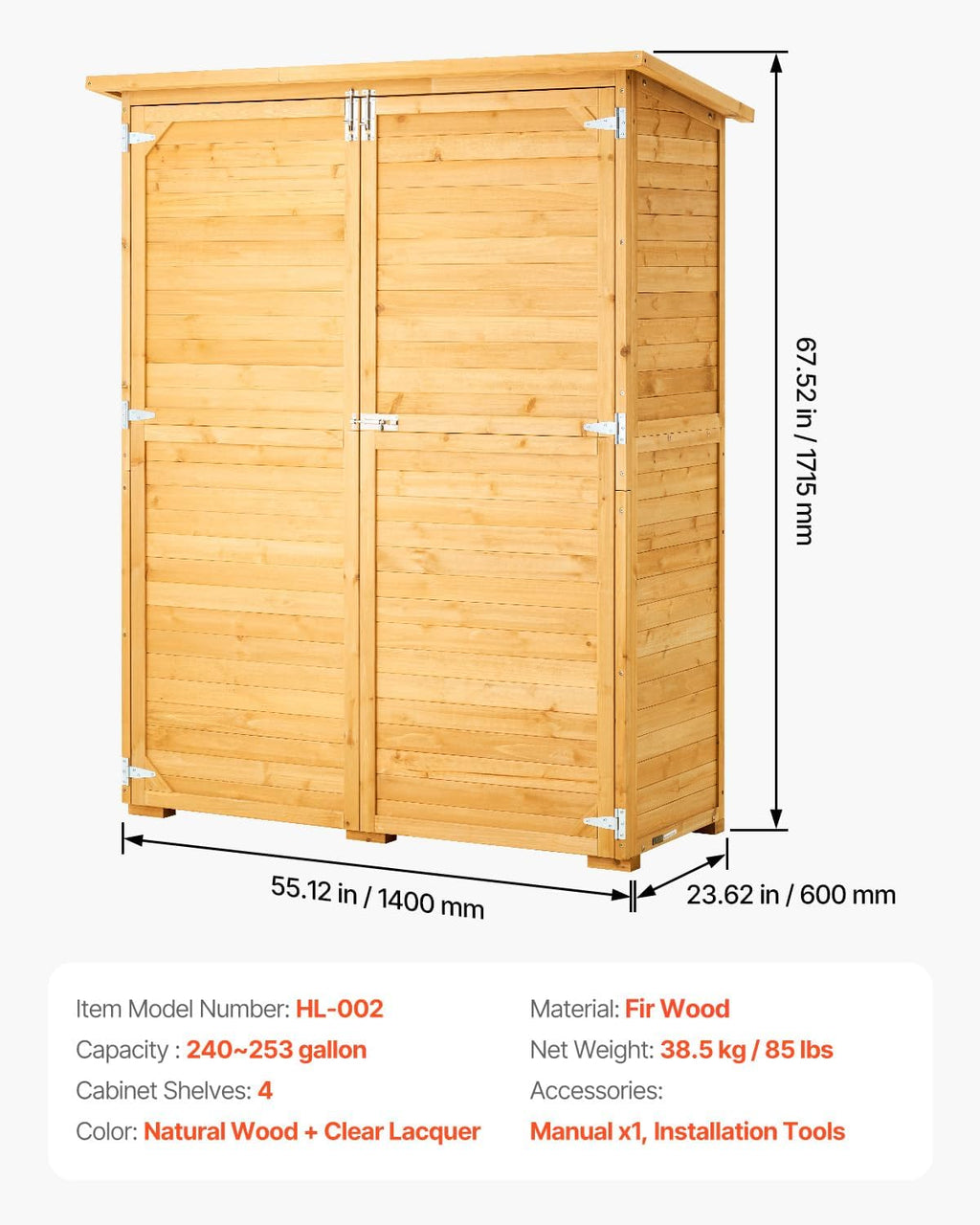 VEVOR Outdoor Storage Shed, Large Wooden Outside Storage Cabinet with Waterproof Roof and Metal Frame, Double Lockable Doors Garden Tool Shed Storage House Cabinet with Shelves, 55.1'x23.6'x67.5'