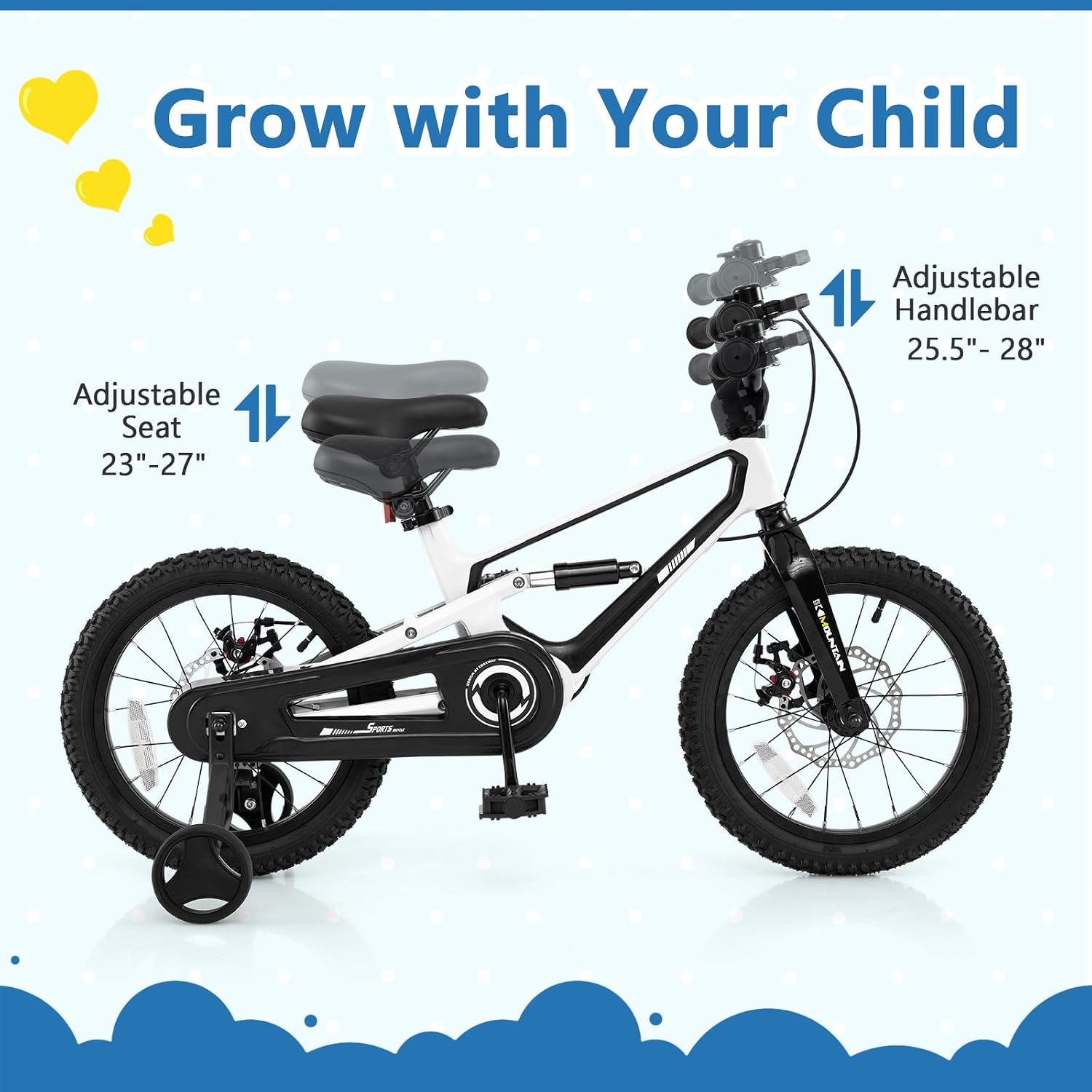 BABY JOY Kids Bike, 16' Magnesium Sporty Bicycle with Dual Disc Brakes, Removable Training Wheels, Body Suspension, Adjustable Handlebar & Saddle, Girls Boys Bike