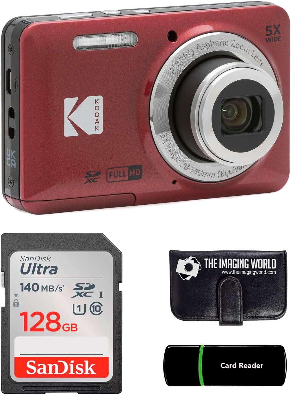 Kodak PIXPRO FZ55 Red 16MP Digital Camera 5X Optical Zoom 28mm Wide Angle 1080P Full HD Video 2.7' LCD Camera + 128GB Card and Reader + Memory Wallet
