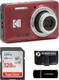 Kodak PIXPRO FZ55 Red 16MP Digital Camera 5X Optical Zoom 28mm Wide Angle 1080P Full HD Video 2.7' LCD Camera + 128GB Card and Reader + Memory Wallet