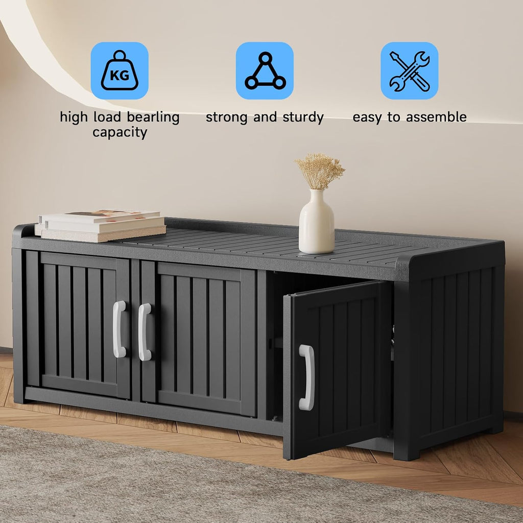 3 Doors Shoe Bench, Waterproof & UV-Resistant, Resin Shoe Cabinet Indoor & Outdoor Use, Entryway Bench with Adjustable Shelves & Hidden Storage Space for Bedroom, Hallway, Black