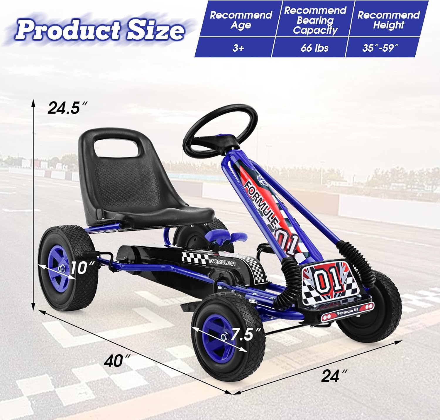 HONEY JOY Go Kart for Kids, 4 Wheel Quad Off-Road Pedal On Foot Go Cart w/Steering Wheels & Adjustable Seat, 2 Safety Brakes, EVA Tires, Clutch, Outdoor Racer Ride On Pedal Car (Blue)