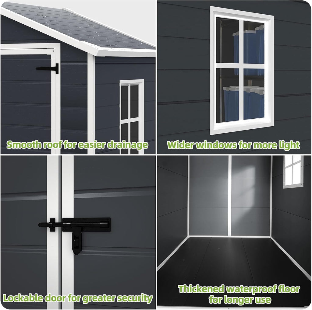 YOFE Outdoor Storage Shed 6x4.4FT, Resin Shed Plastic with Floor for Garden Tool,Waterproof Outdoor Resin Storage,Lockable Doors for Patio,Yard,Lawn (Darkgray 6x4)