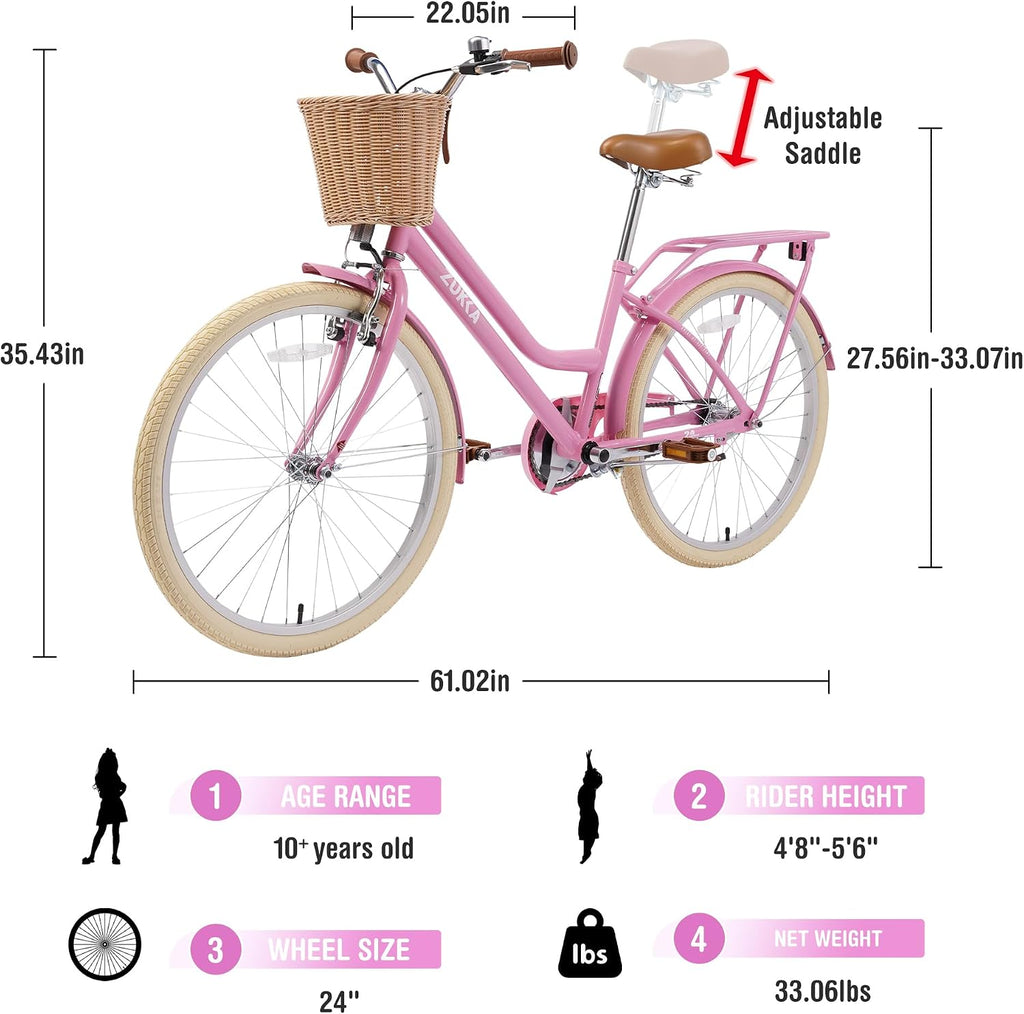 WEEROCK Girls Bike 20/24 Inch Kid Bicycle for 7 + Years Old, 20' 24' Bikes with Front Basket and Rear Rack, V and Coaster Brake for Children, Student Multiple Colors