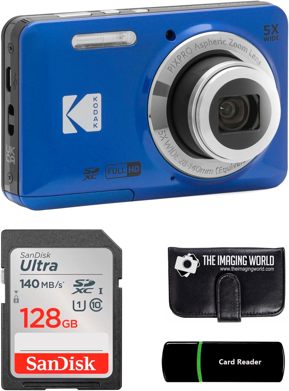 Kodak PIXPRO FZ55 Blue 16MP Digital Camera 5X Optical Zoom 28mm Wide Angle 1080P Full HD Video 2.7' LCD Camera + 128GB Card and Reader + Memory Wallet