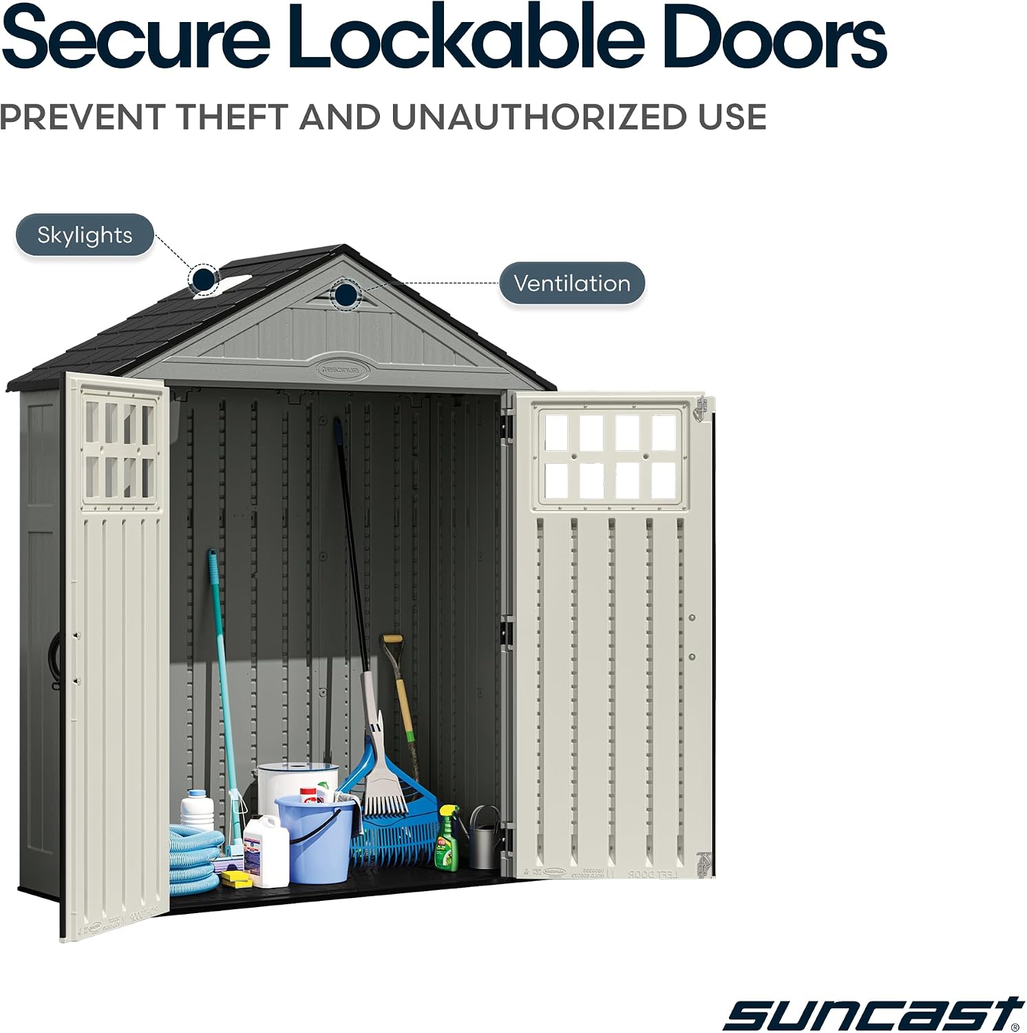Suncast Everett 6x3 ft Vertical Storage Shed - Resin Outdoor Garden Shed with Floor, Windows, Skylight & Lockable Double Doors. Slim Yard Storage for Utility Tools & Backyard Equipment