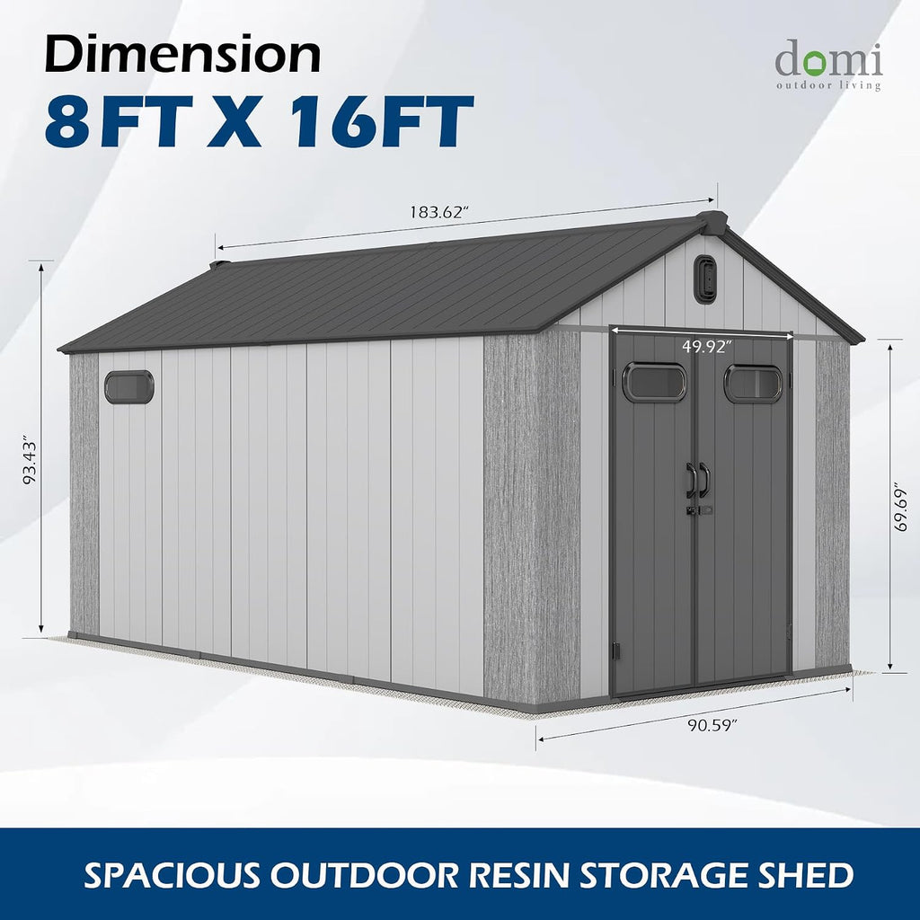 Domi 8x16Ft Resin Outdoor Storage Shed, Plastic Garden Shed with Carpet, Outside Weatherproof Storage Building for Tools, Bike, Lawn Mower, Patio, Backyard