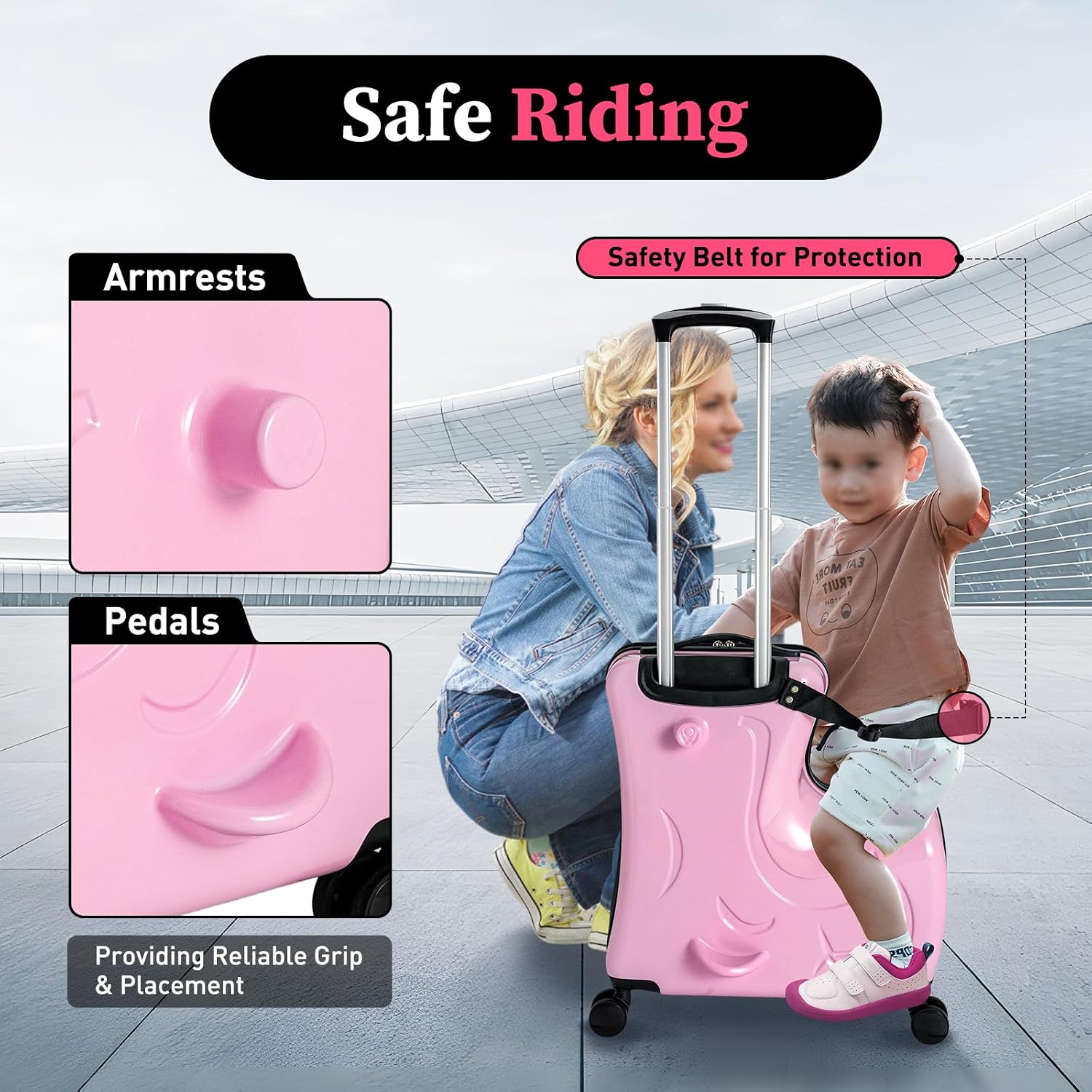 20Inch Kid Ride Suitcase, Portable Kids Travel Suitcase with Lock & Safety Belt, Floor Standing Children's Travel Trolley Case, Ride On Suitcase for Kids Aged 3-6 Years Old