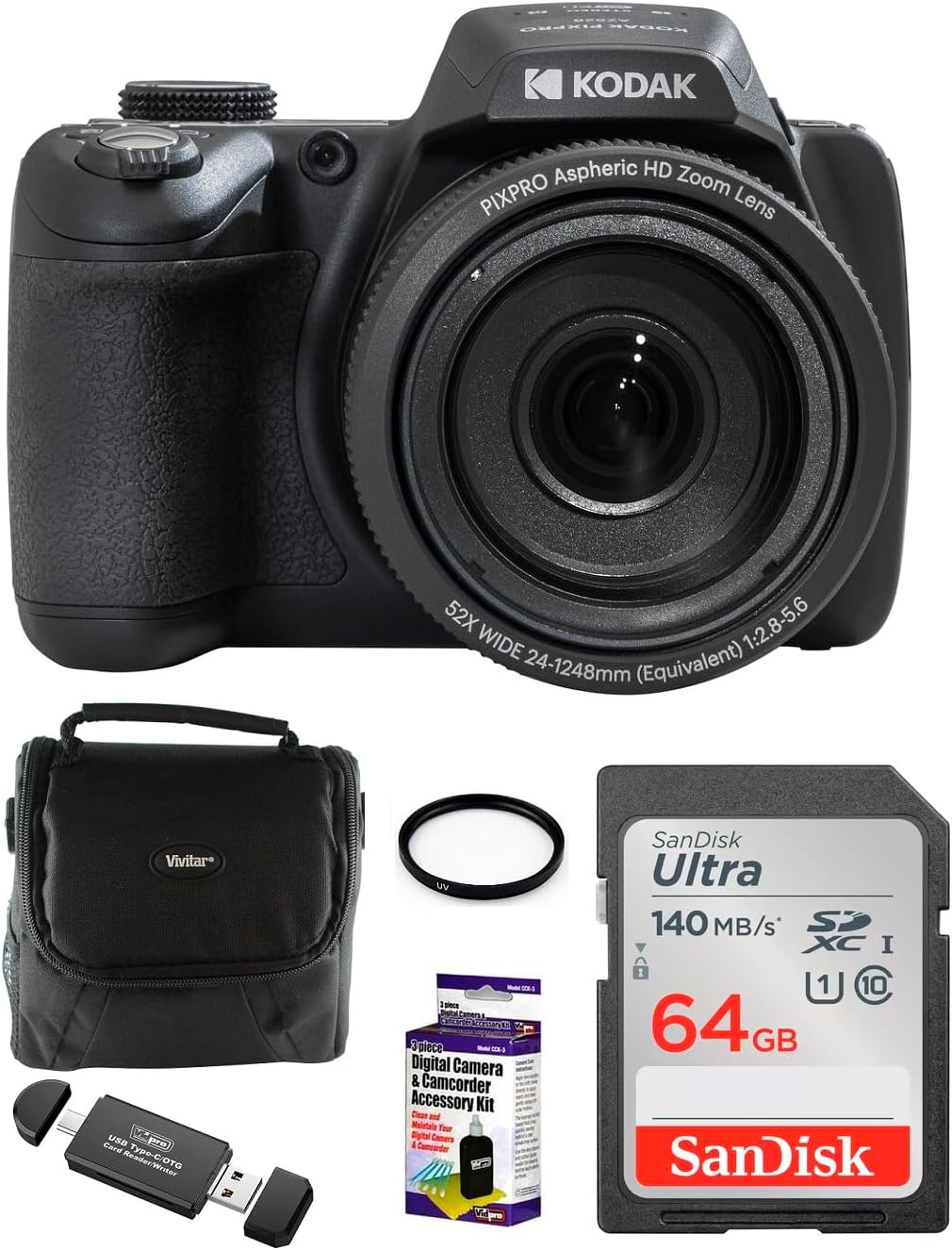 Kodak PIXPRO AZ528 Digital Camera Bundle, Includes: SanDisk 64GB SDXC Memory Card, Camera Bag and More (6 Items)