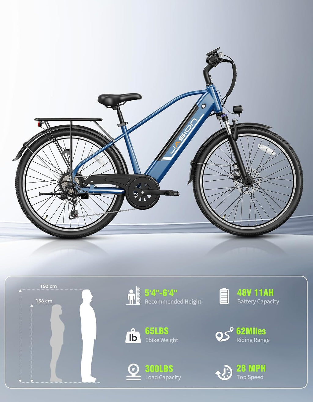 Jasion Roamer/ST/Pro Electric Bike for Adults, 26' Commuter Ebike 1200W 528WH Removable Battery, 28MPH 40-62miles,Electric Bicycles for Women/Man,UL2849 Certified