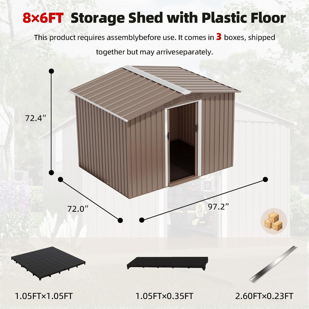 ALAULM 8'x6' Outdoor Storage Shed with Floor Outdoor Galvanized Metal Tool Shed with Vents & Sliding Door, Waterproof Garden Shed for Patio,Lawn,Backyard to Store Bikes,Tools-Brown