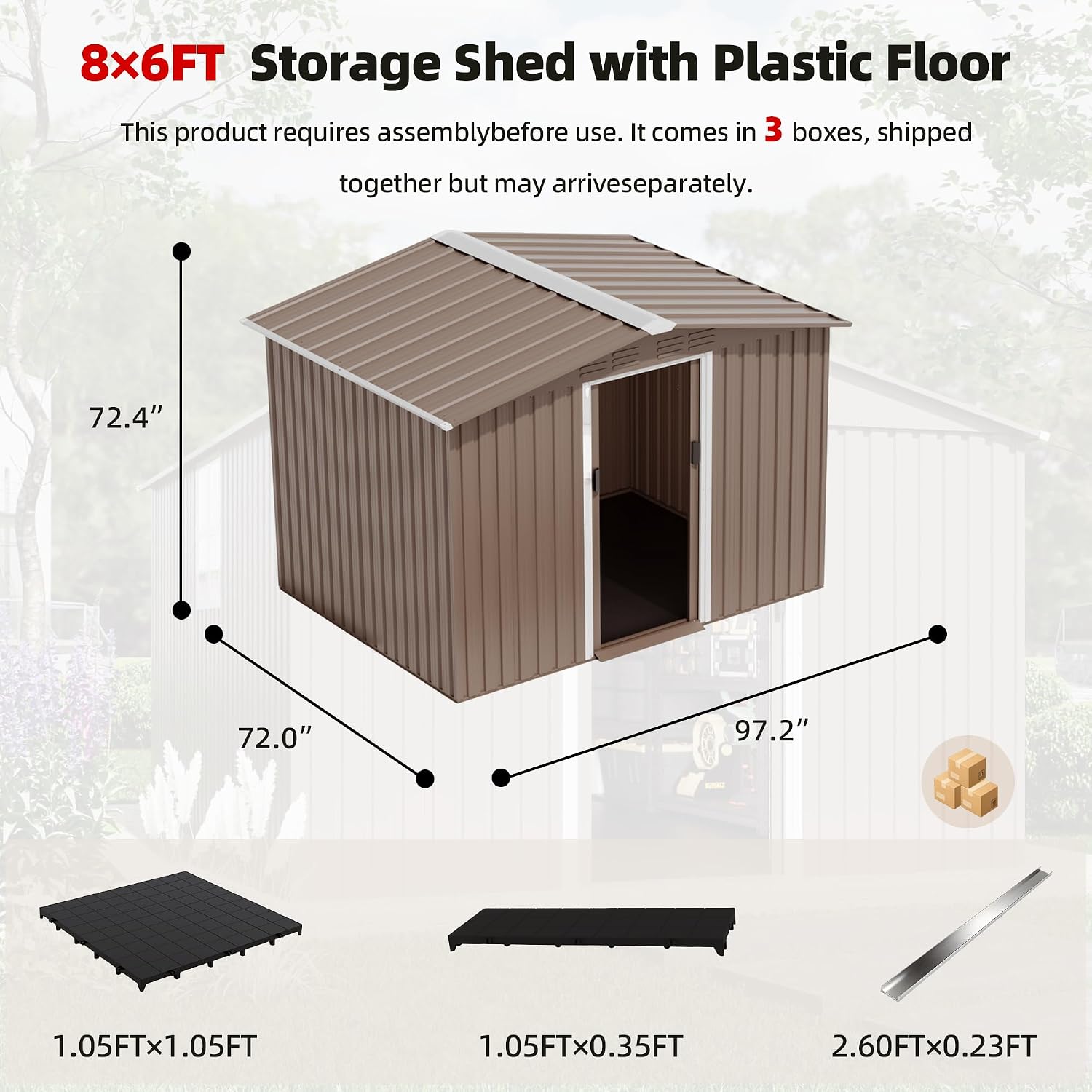 ALAULM 8'x6' Outdoor Storage Shed with Floor Outdoor Galvanized Metal Tool Shed with Vents & Sliding Door, Waterproof Garden Shed for Patio,Lawn,Backyard to Store Bikes,Tools-Brown