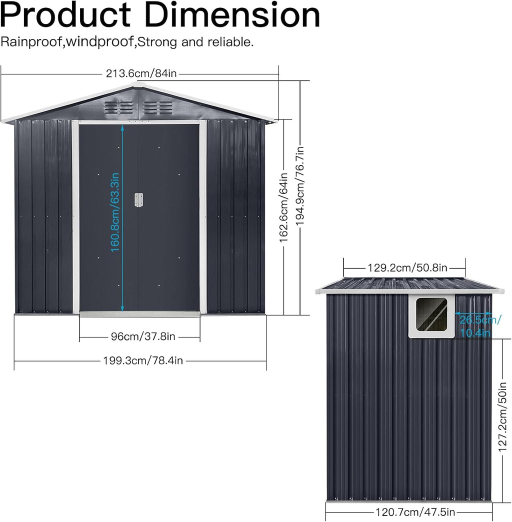 YOPTO 7x4.3 FT Metal Garden Sheds with Window,Outdoor Heavy-Duty Steel Storager Tool Shed W/Sliding Door and Punched Vents,Waterproof Building Organizer for Storing Motorcycle,Bicycles,Grey