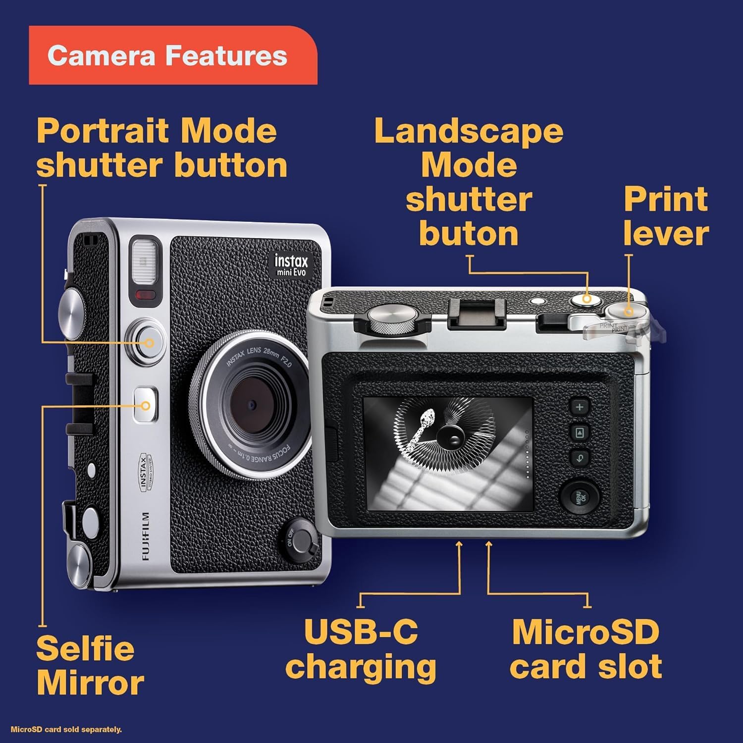 Fujifilm Instax Mini EVO Instant Camera with Sunshine Photo Microfiber Cleaning Cloth (Camera + 3 Twin Packs, Brown)
